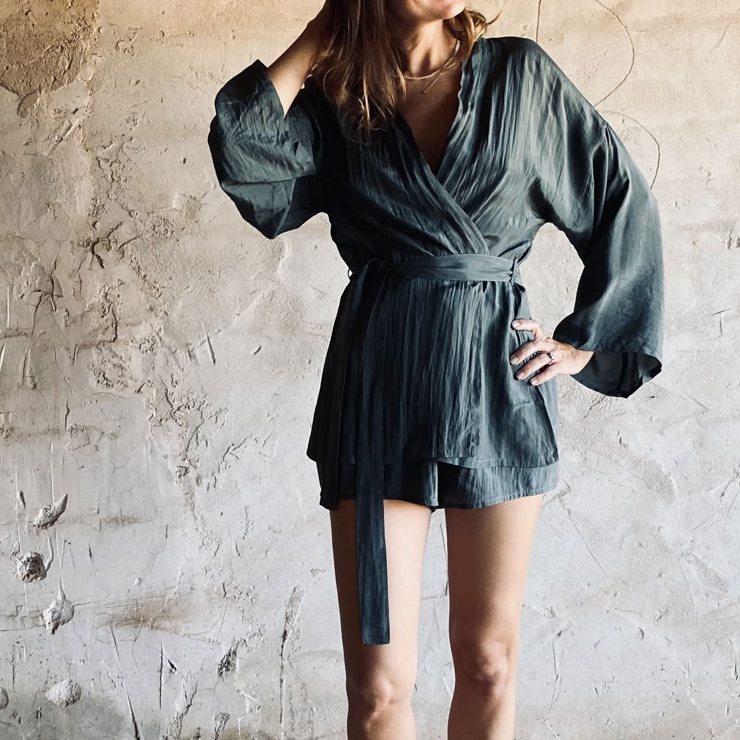 Yoko Kimono - Women - HS Habotai Silk 40 - S021 Dark Green Grey