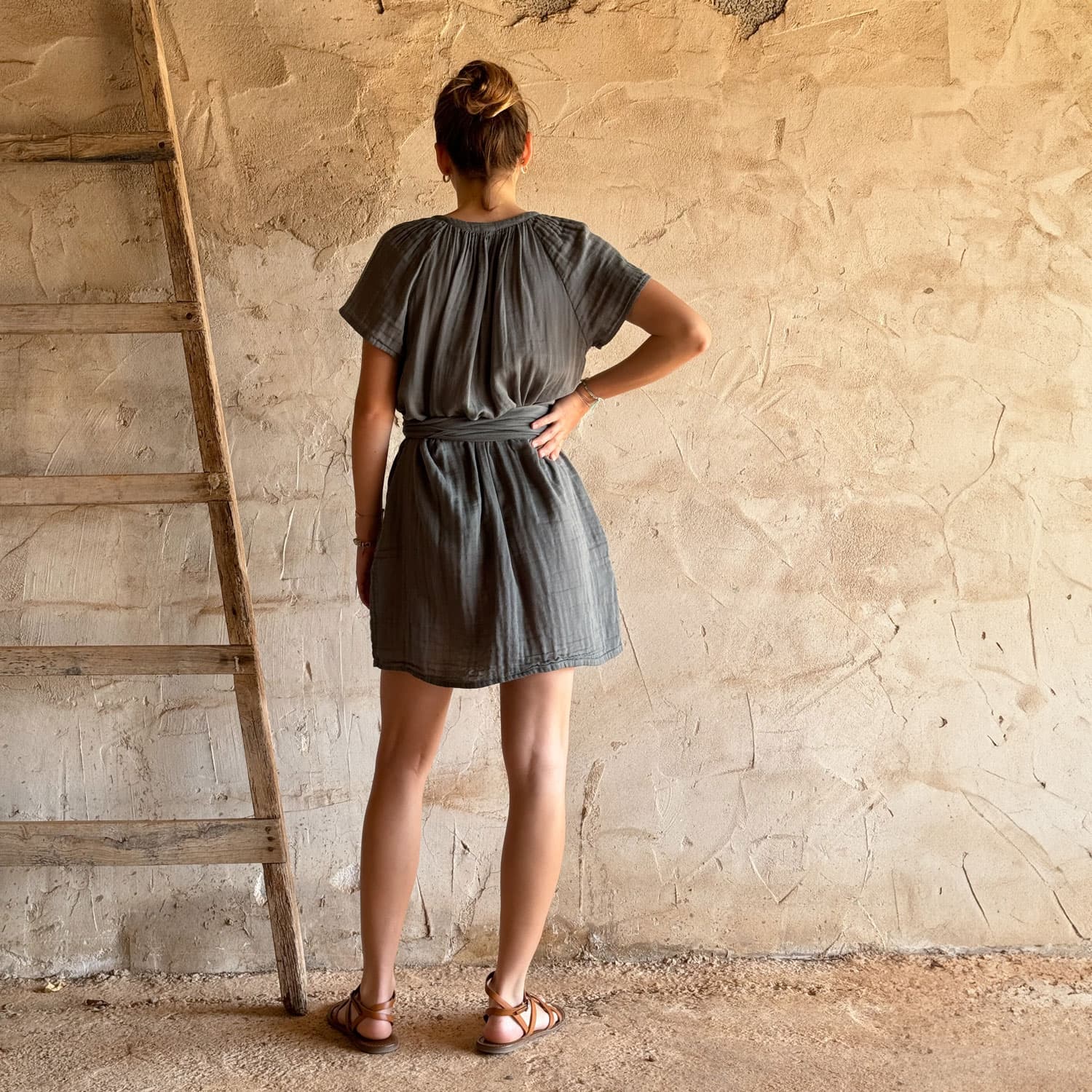 carla linen short dress Carla Conti Italy Shift Dress Womens Size S Lagenlook Linen Brown Short Sleeves