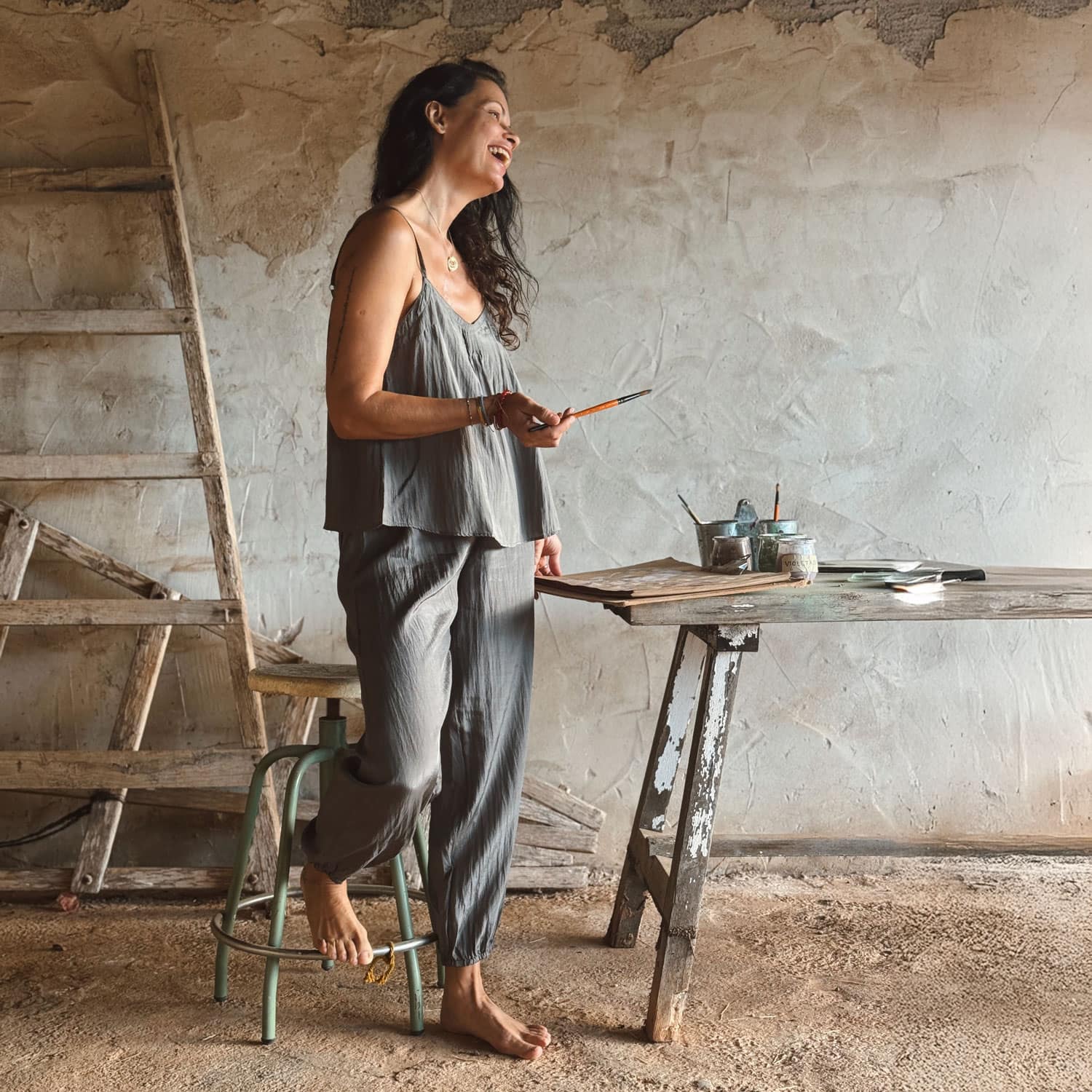 Selene Top - Women - HS Habotai Silk 40 - S045 Stone Grey - n°74 E - Shop - 7400000137516